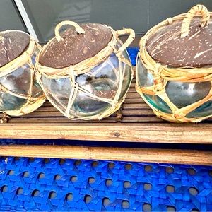 Exotic set of Glass and Rattan Storage jars with Bamboo Tray